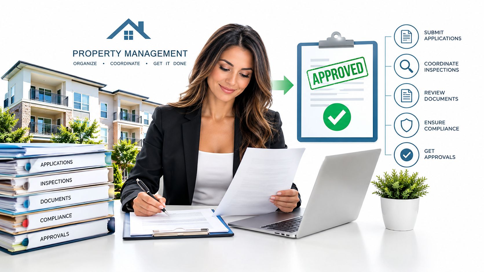 A professional property manager reviewing documents and processing tenant applications in a modern office environment.