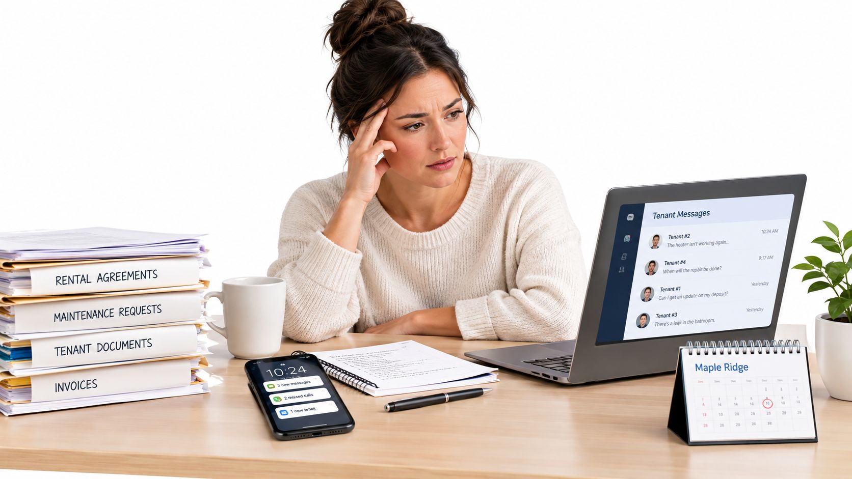 A stressed property manager sitting at a desk surrounded by paperwork, laptop messages, and a calendar.