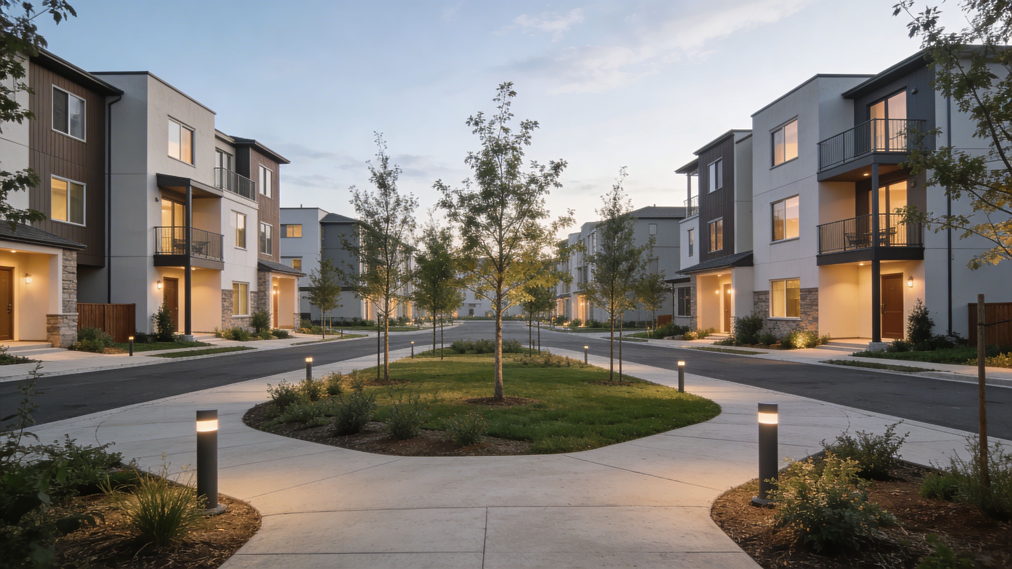 A modern townhouse complex in Maple Ridge featuring well-lit walkways and manicured landscaping at dusk.