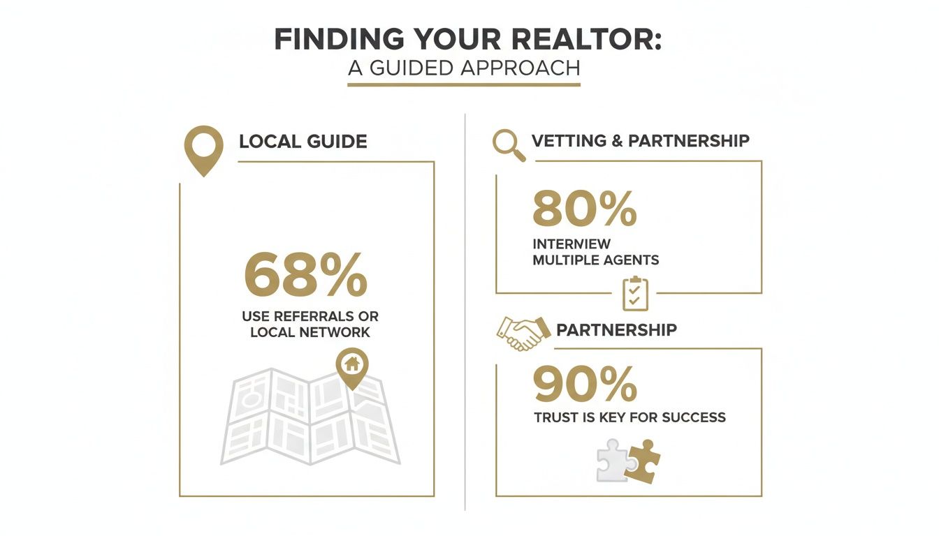 Infographic detailing a guided approach to finding a realtor, covering local guides, vetting, and partnership.