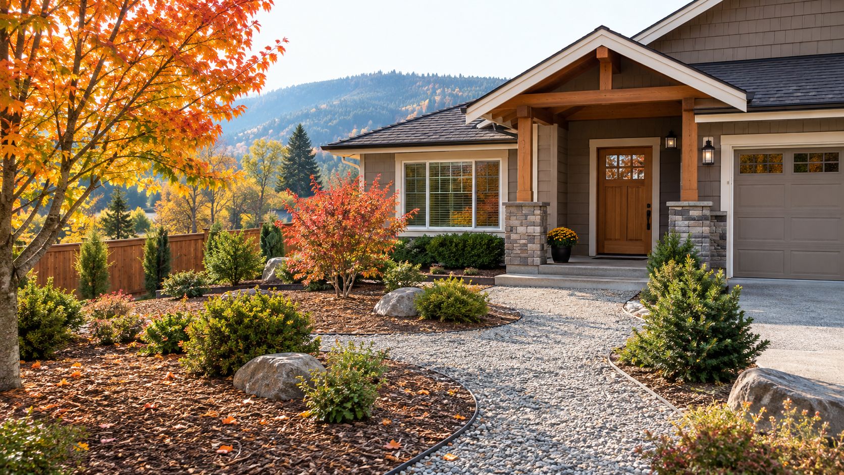 A craftsman style home with vibrant autumn foliage, a gravel walkway, and manicured landscaping in fall.