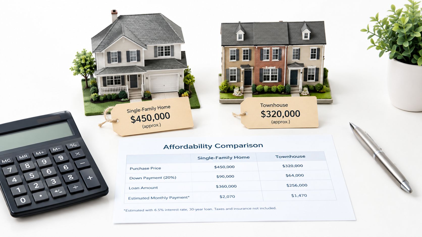 A calculator, a pen, and two small house models representing a single-family home and a townhouse.