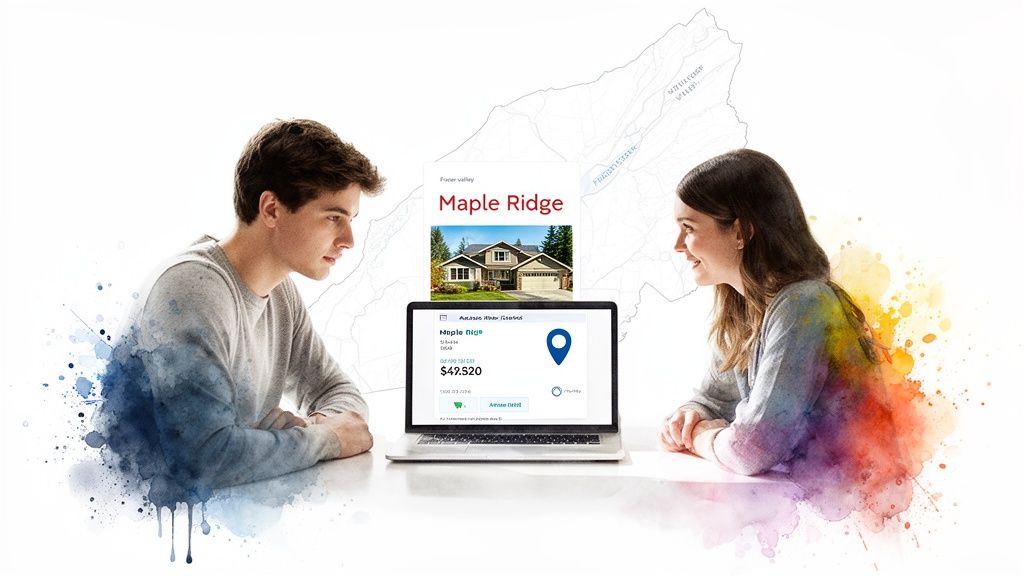 Two people looking at a laptop displaying real estate listings for Maple Ridge in Fraser Valley.