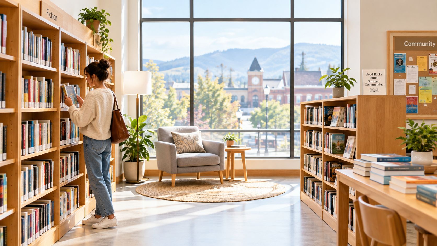 A young woman browsing a bookshelf in a sunny, peaceful library with a view of town buildings.