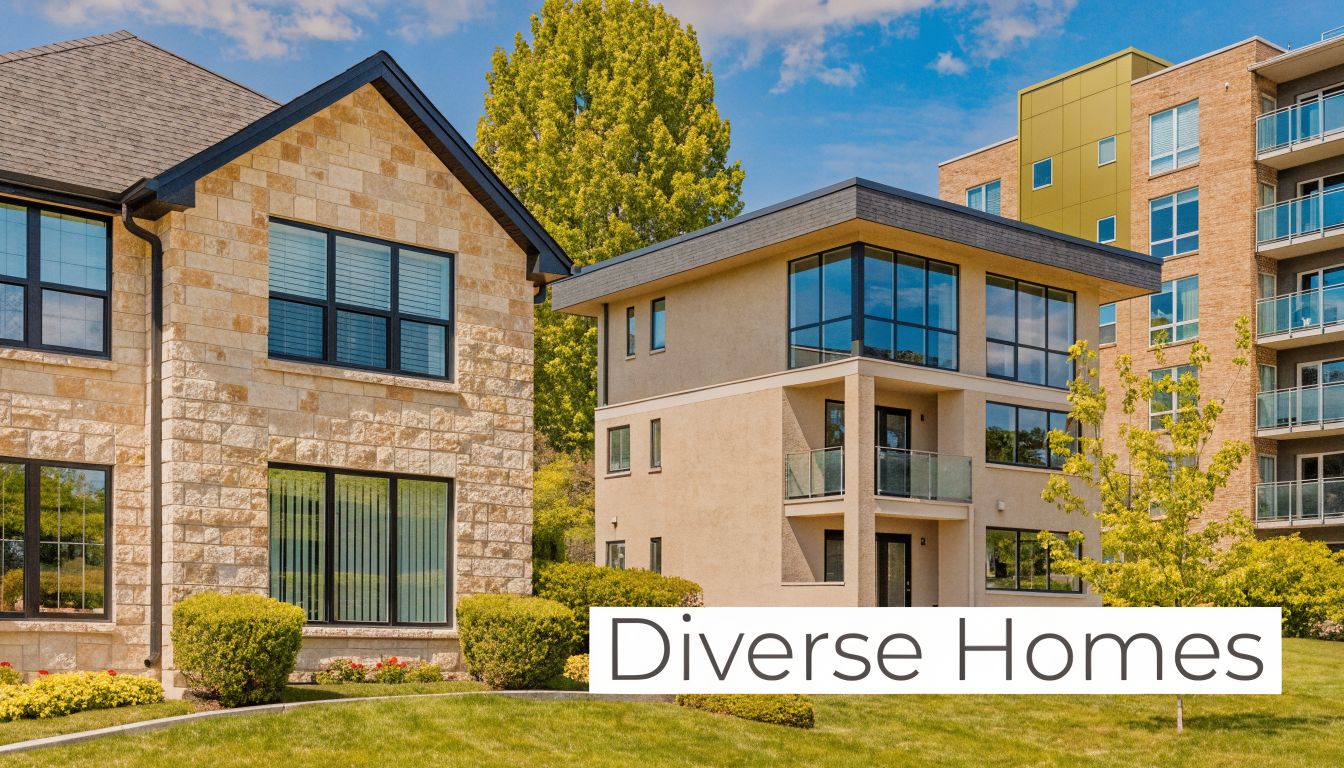 A scenic view showing a stone house, a modern apartment building, and trees in Maple Ridge, BC.