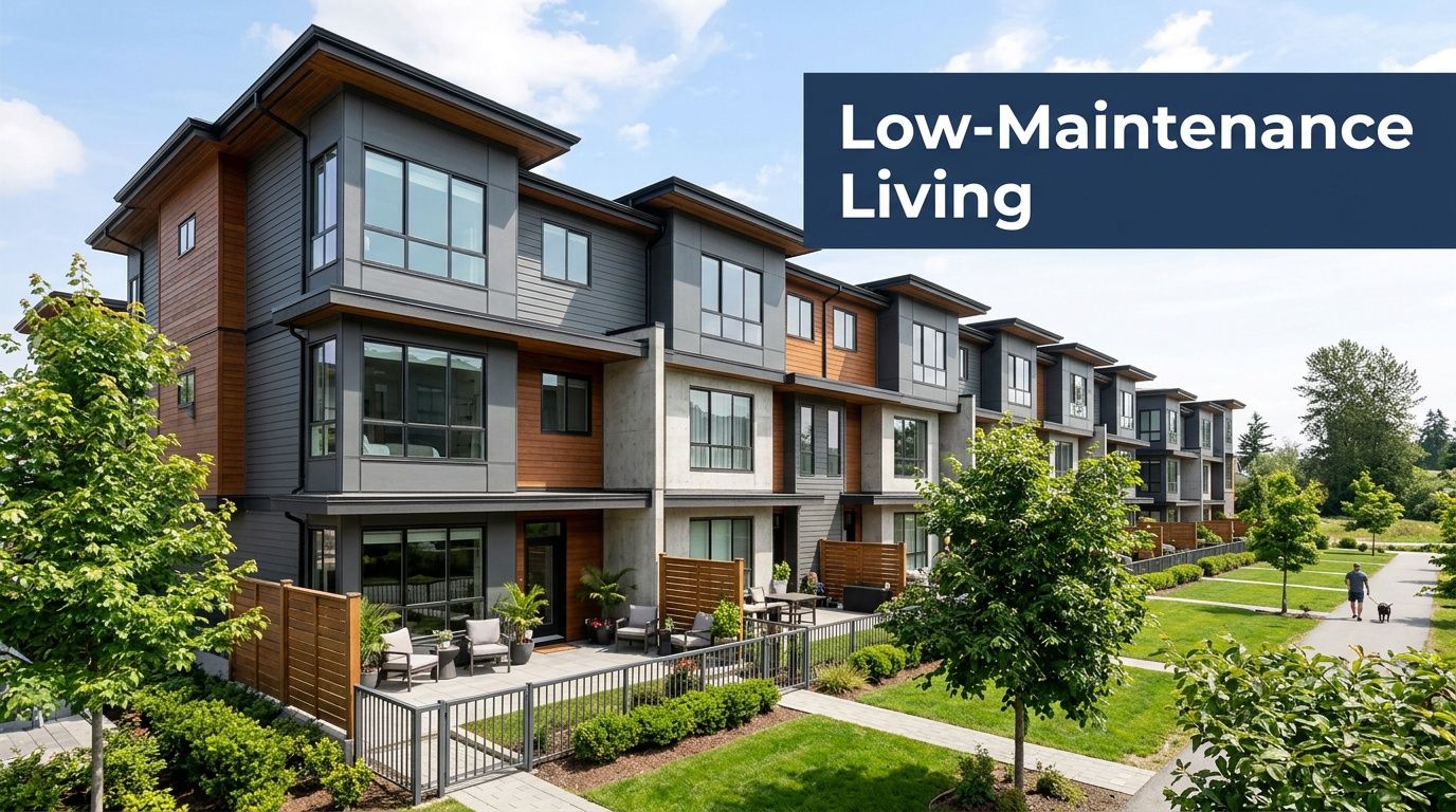 A modern multi-unit townhouse complex with grey siding and wooden accents featuring low-maintenance patio living.