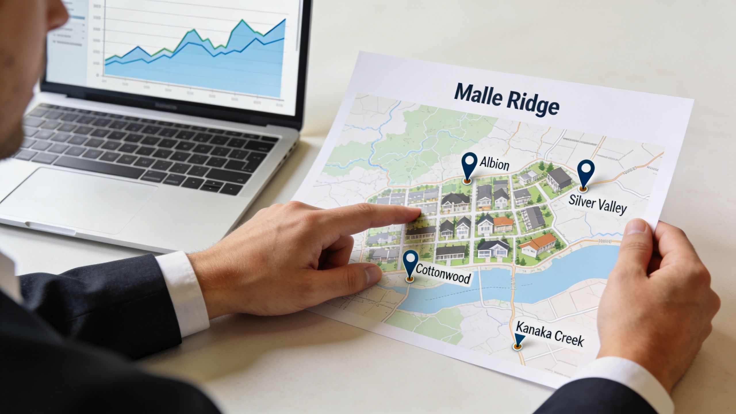 A professional reviewing a property map of Malle Ridge while looking at market data on a laptop.