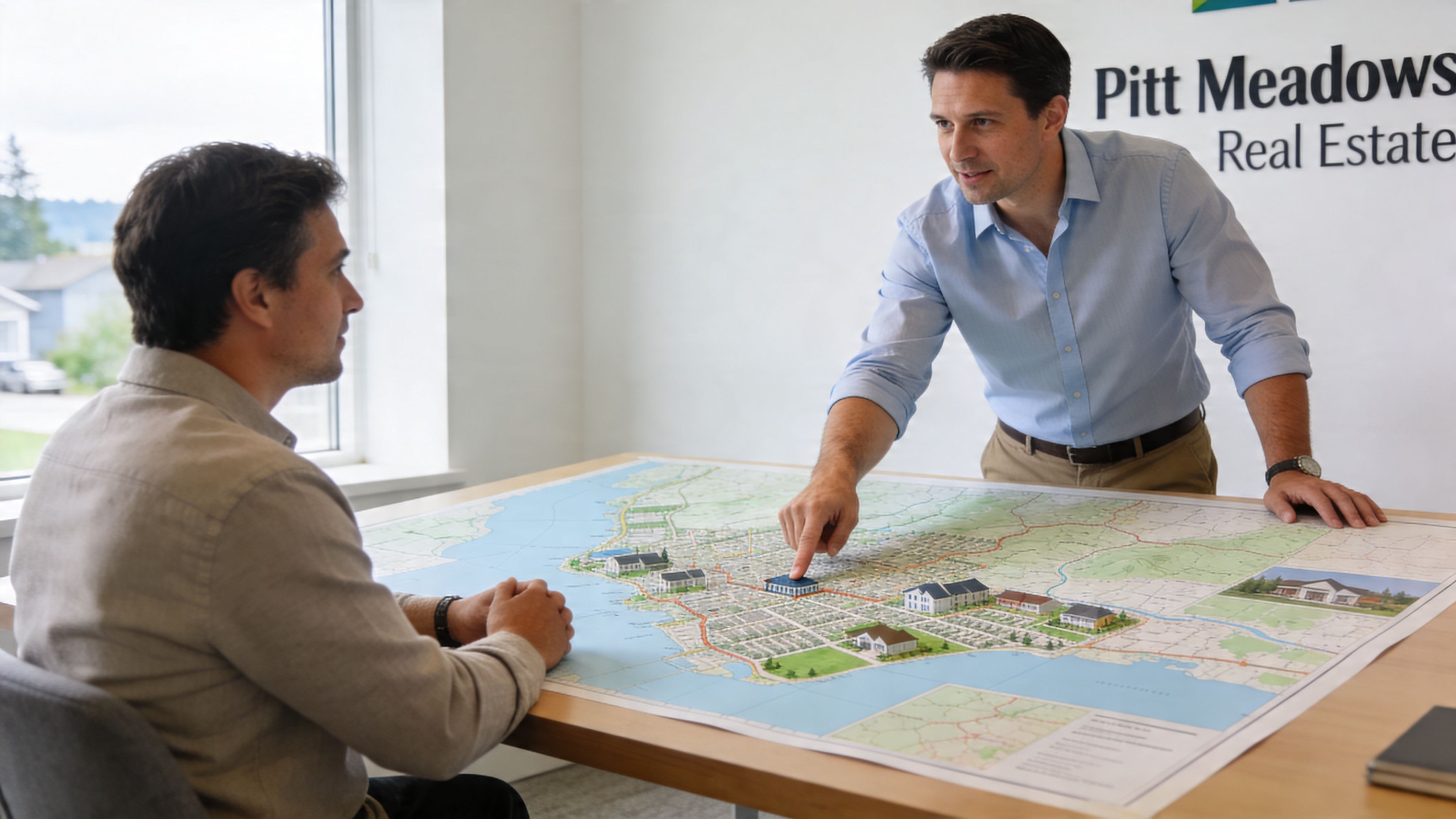 A real estate agent discusses housing development plans on a large map with a potential client.