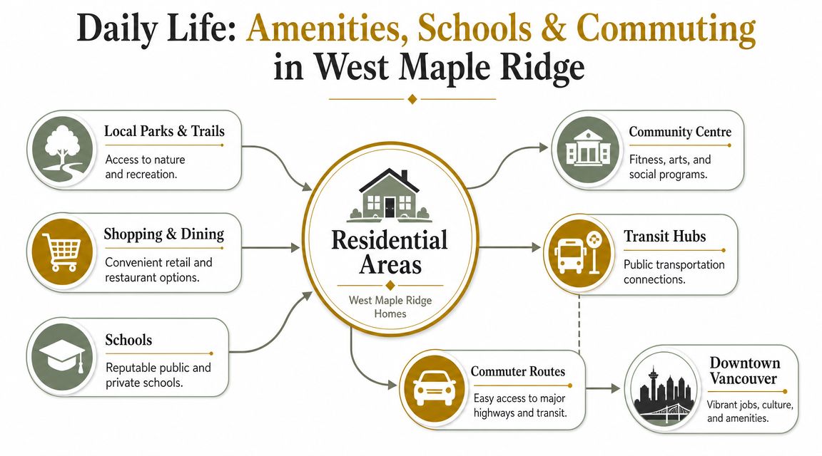 A diagram showcasing amenities, schools, and commuting options for residential areas in West Maple Ridge, Canada.