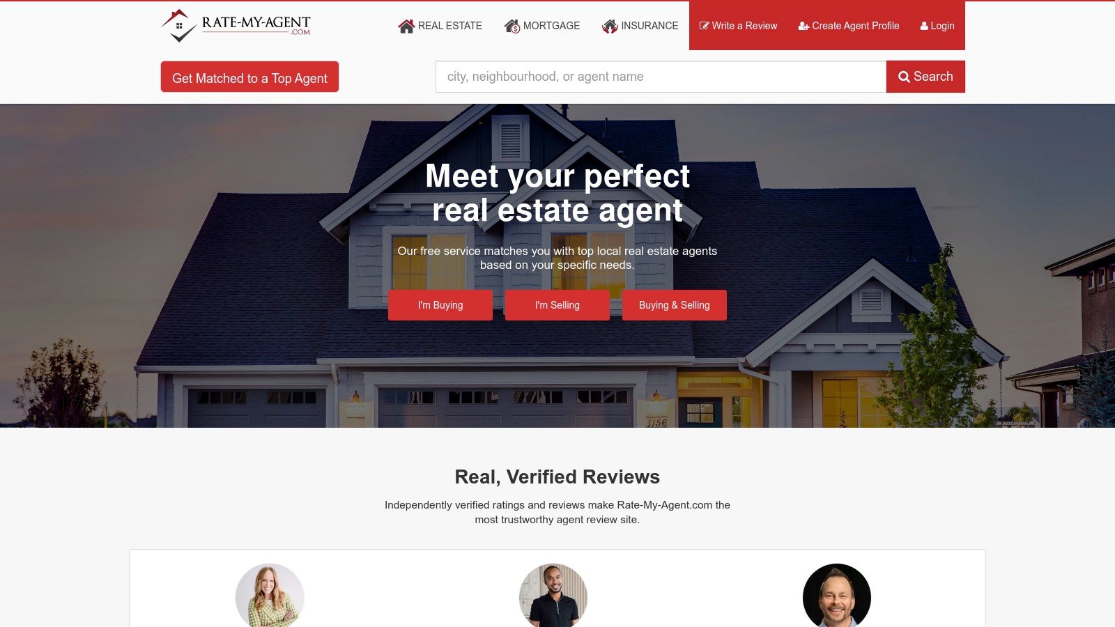 A screenshot of the Rate-My-Agent website homepage, showcasing its search functionality for finding real estate agents.
