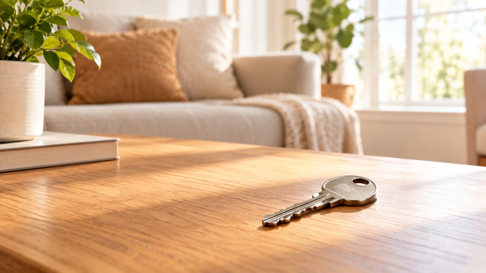 A single silver house key resting on a polished wooden coffee table in a modern, bright living room.