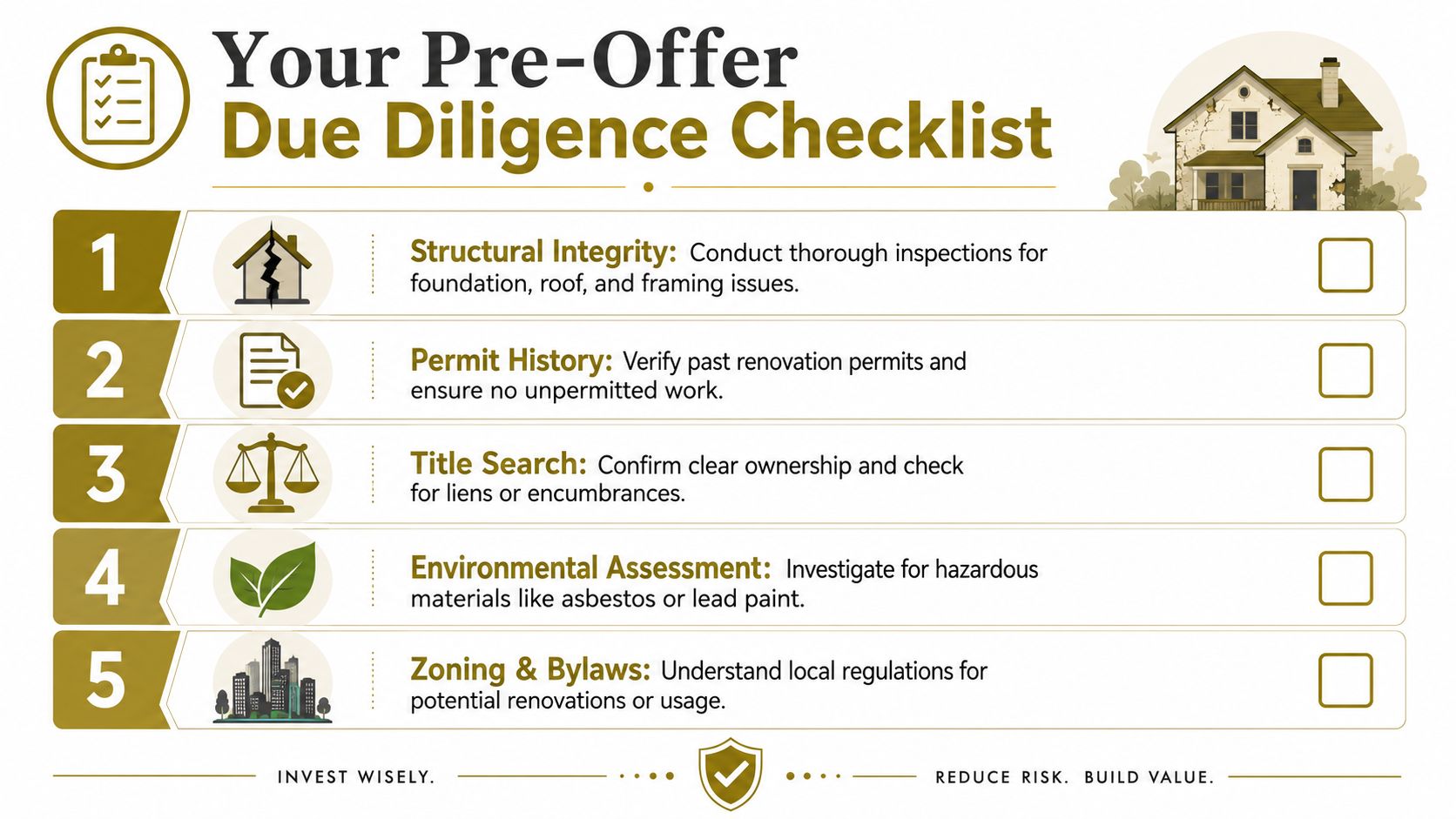 A pre-offer due diligence checklist infographic for potential real estate investors evaluating property conditions and legal status.