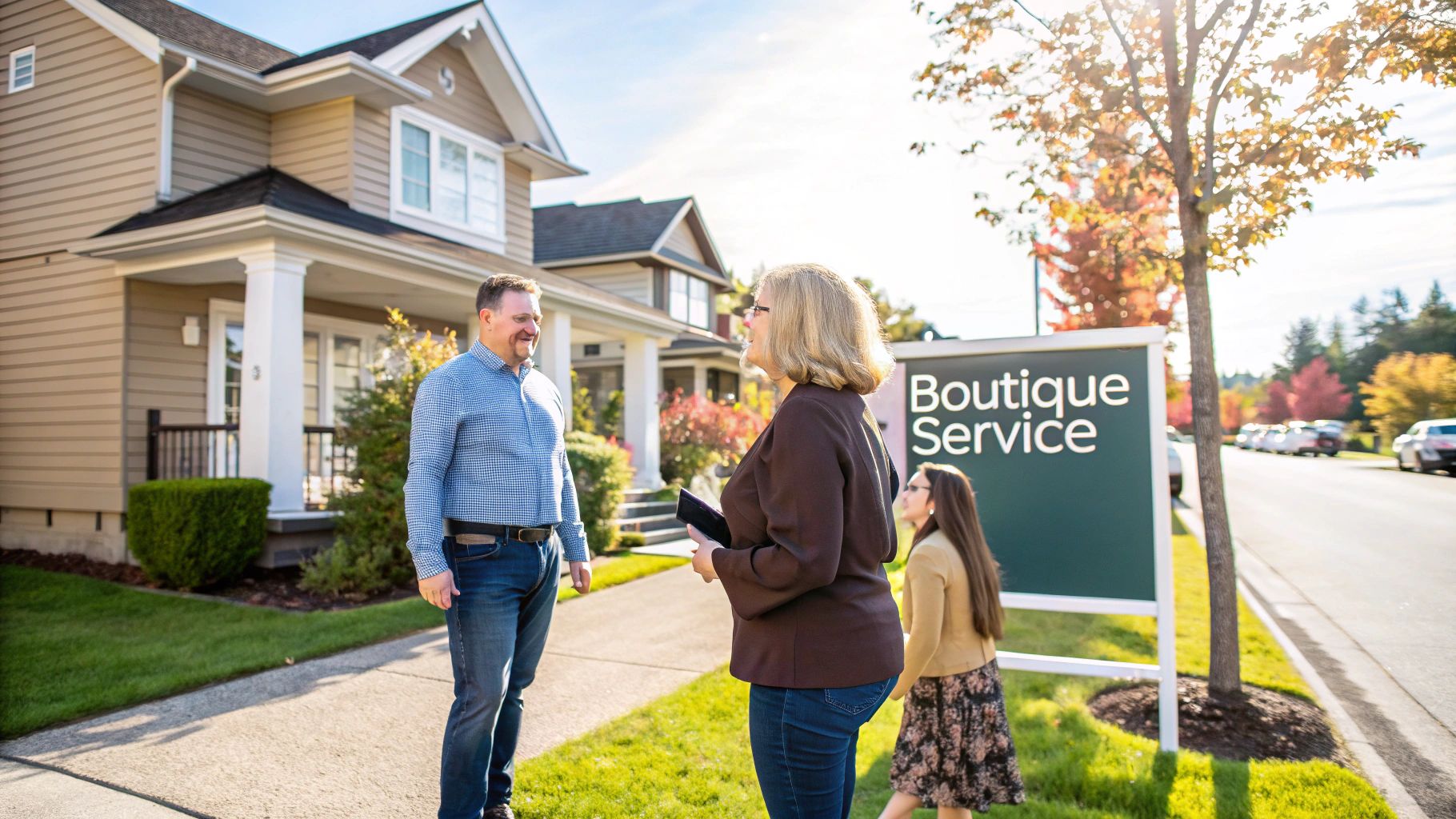 A man, woman, and girl meet outside a modern house with a "Boutique Service" sign.
