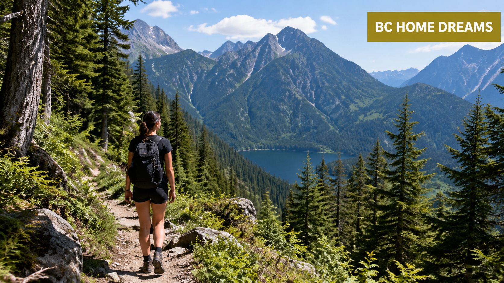 A hiker with a backpack walks on a mountain trail overlooking a serene lake and mountains.