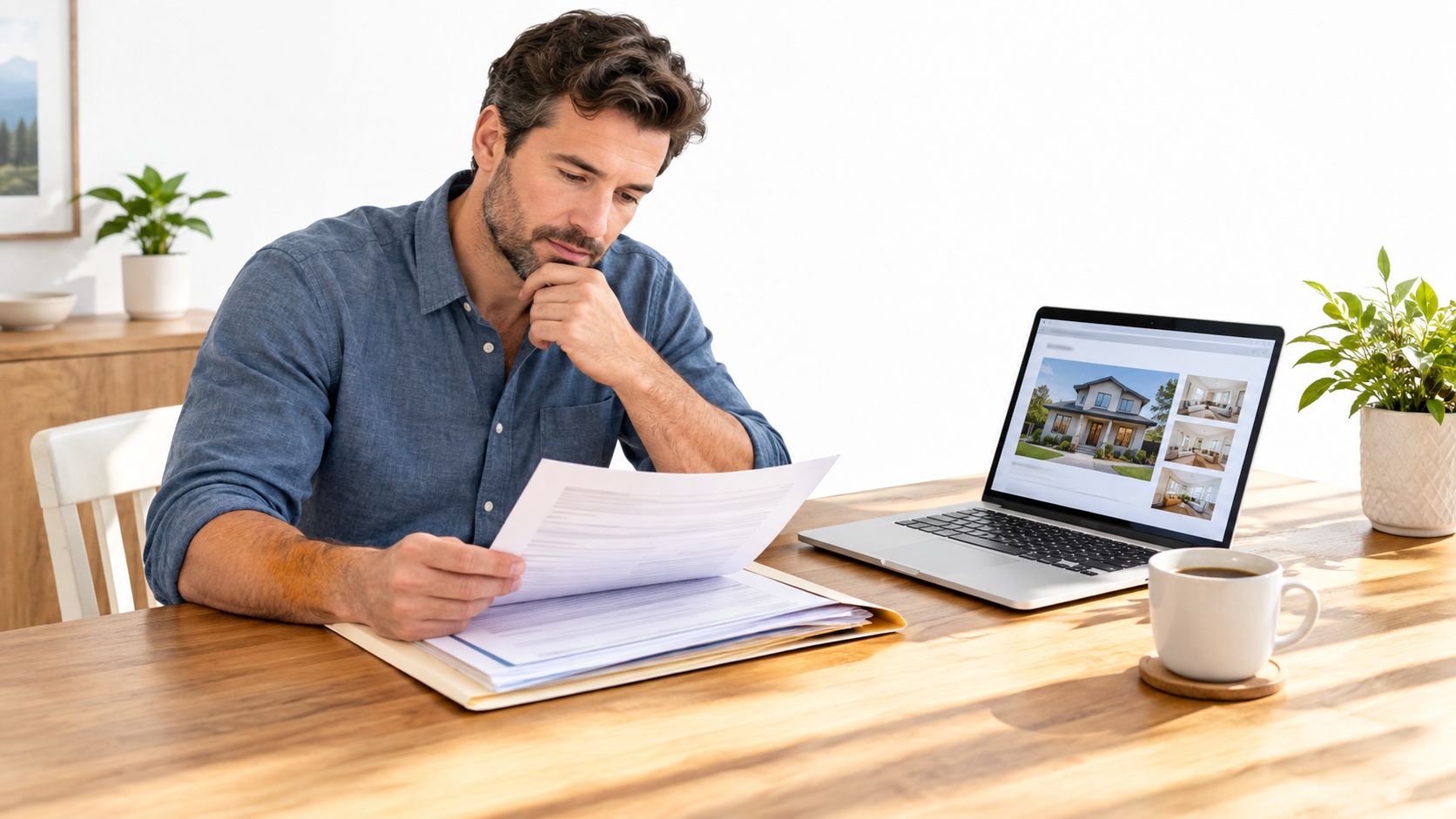 A man carefully reviewing real estate documents while sitting at a desk with his laptop computer.