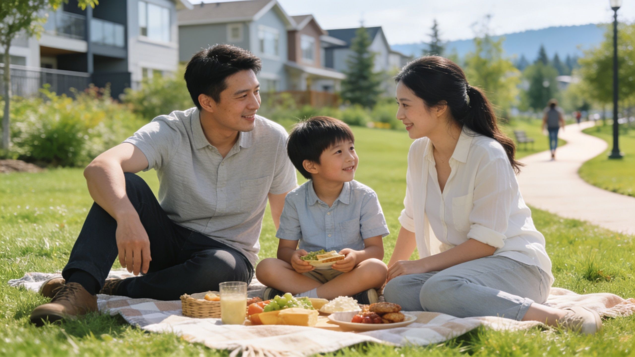 A young Asian family enjoying a sunny picnic together on the grass in a suburban neighborhood park.