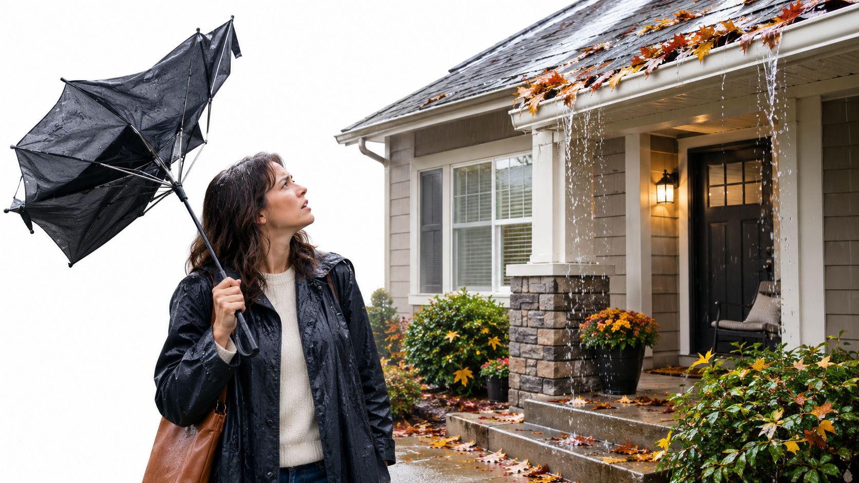 A woman holding an umbrella stands in front of a house with clogged, overflowing gutters during rain.