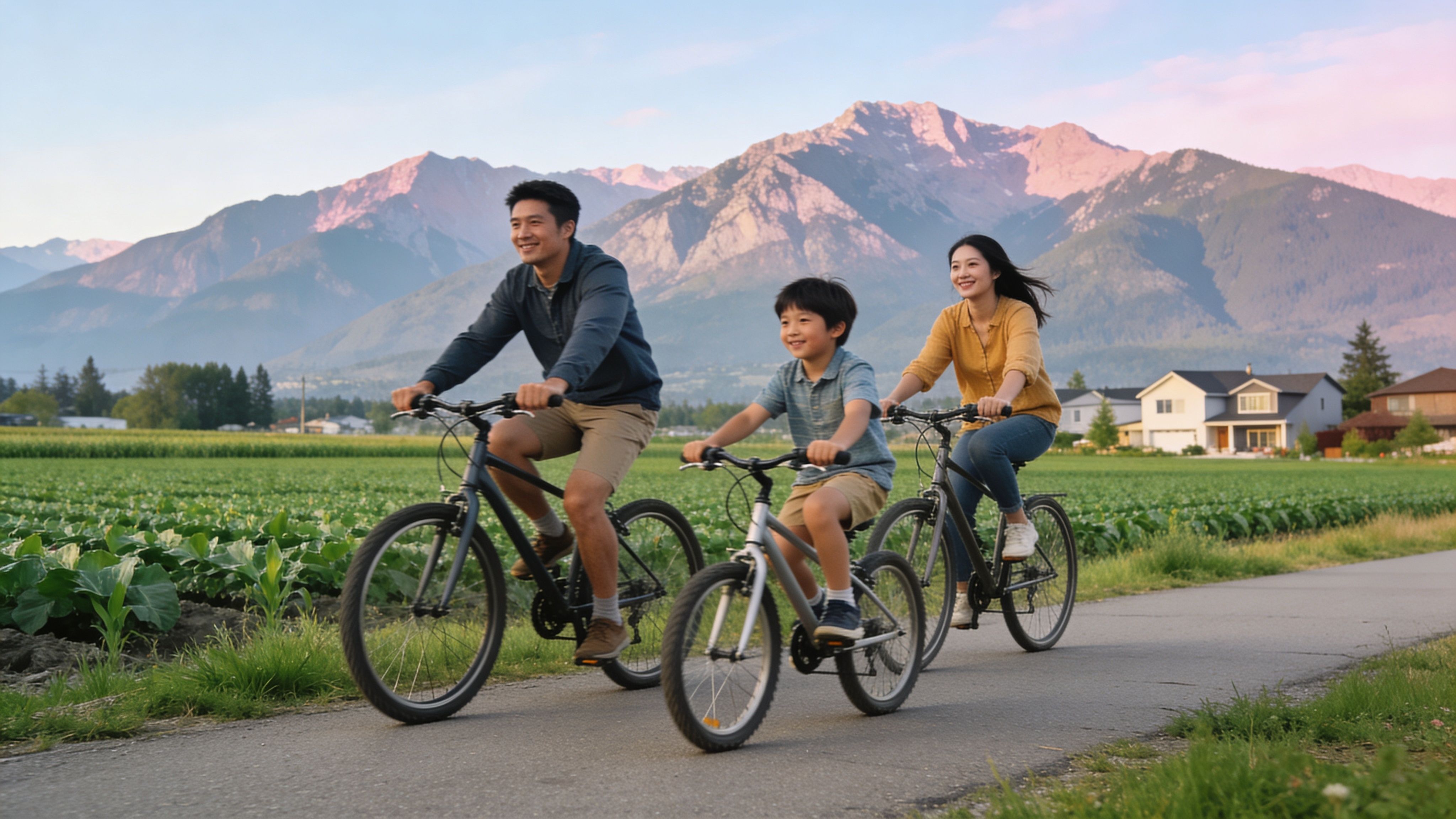 A happy family cycling on a rural road near Pitt Meadows with mountains in the background