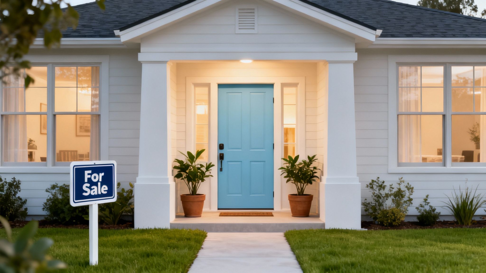 A modern white house with a bright blue front door and a 'For Sale' sign in the front yard.
