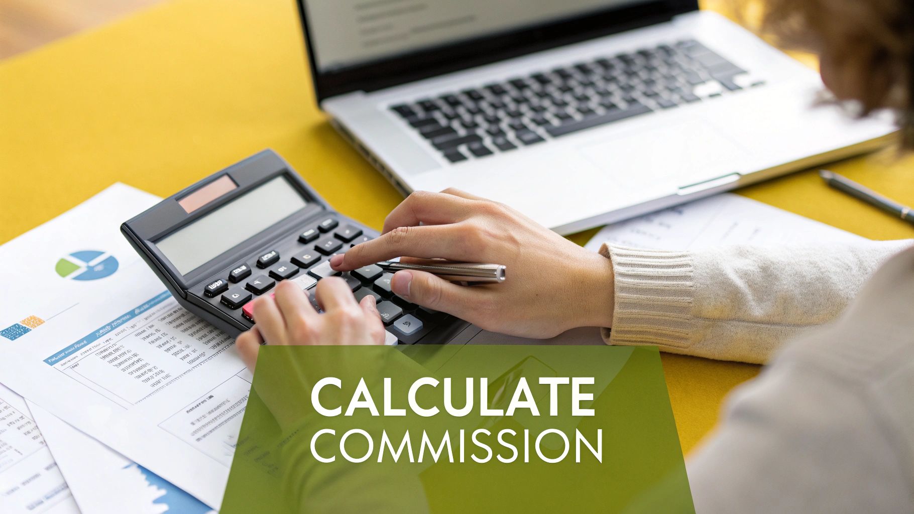 A calculator and pen resting on a document, illustrating the process of calculating real estate commission.