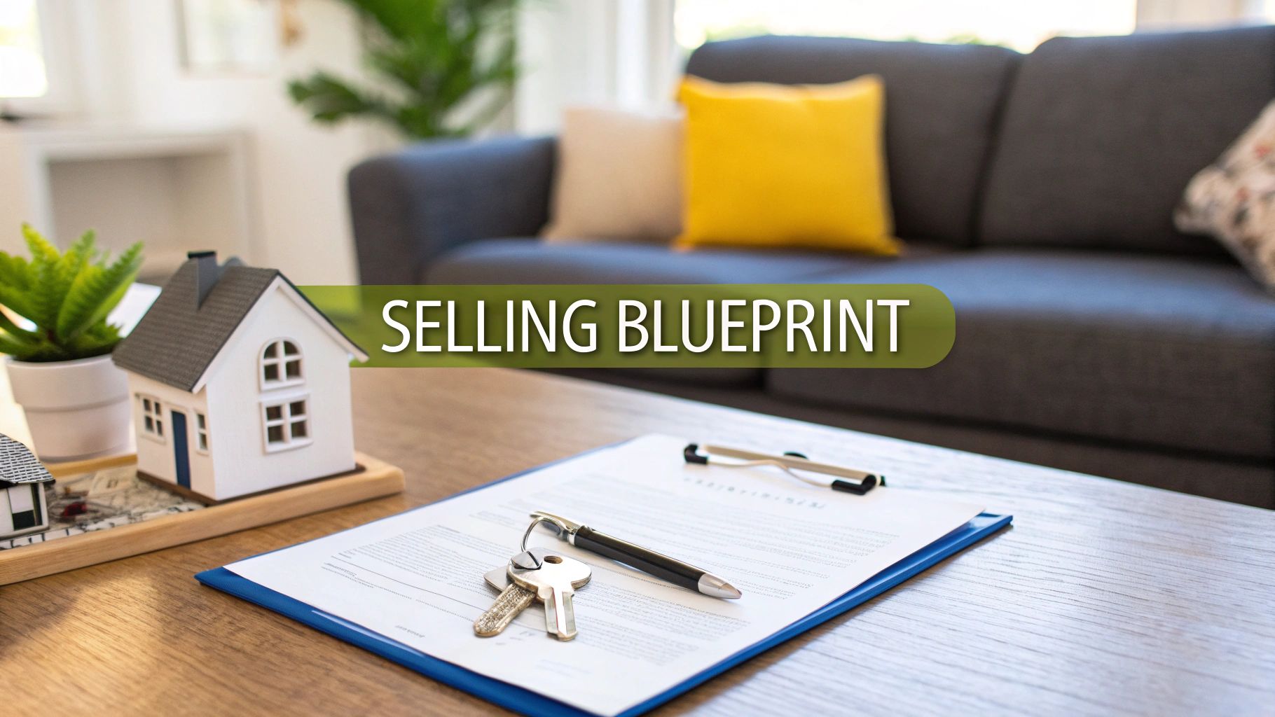 A model house, keys, and a document on a table, with 'SELLING BLUEPRINT' text, symbolizing real estate sales.