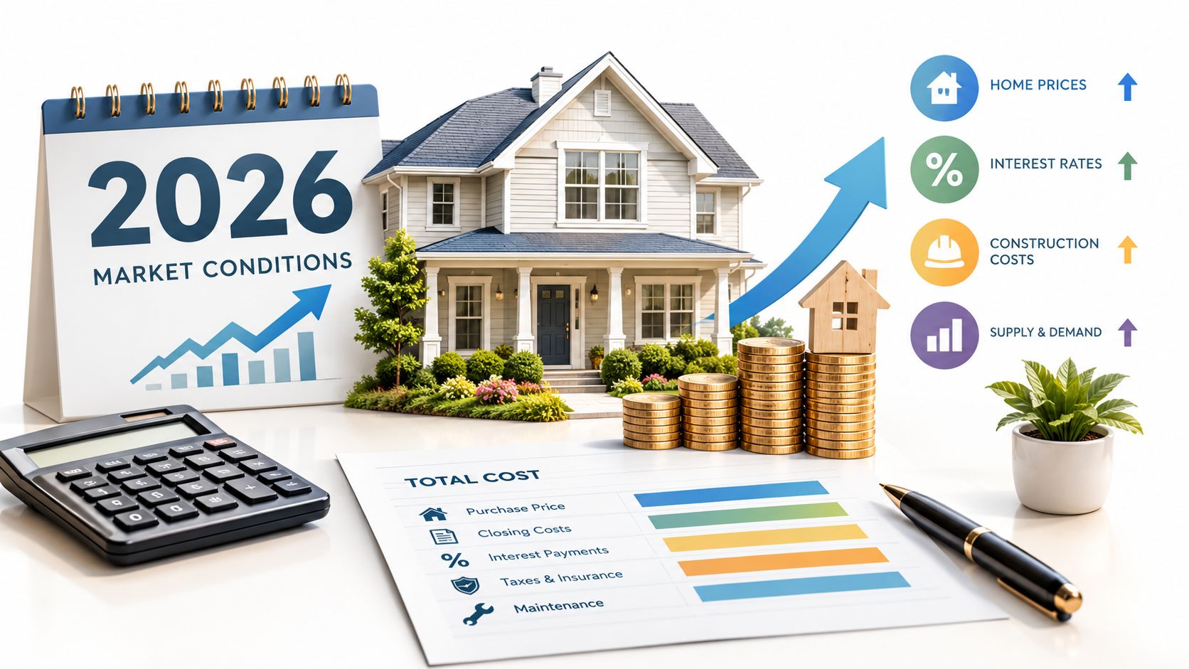 A 2026 real estate market concept showing a house, money stacks, a calculator, and rising cost indicators.