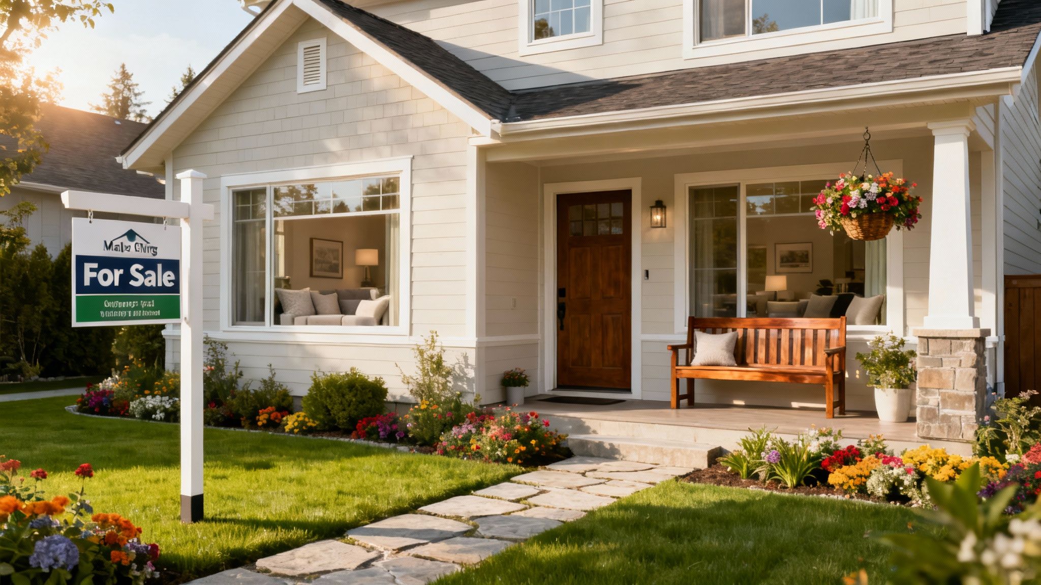 A charming house with a 'For Sale' sign on a green lawn surrounded by vibrant flowers and a welcoming porch.