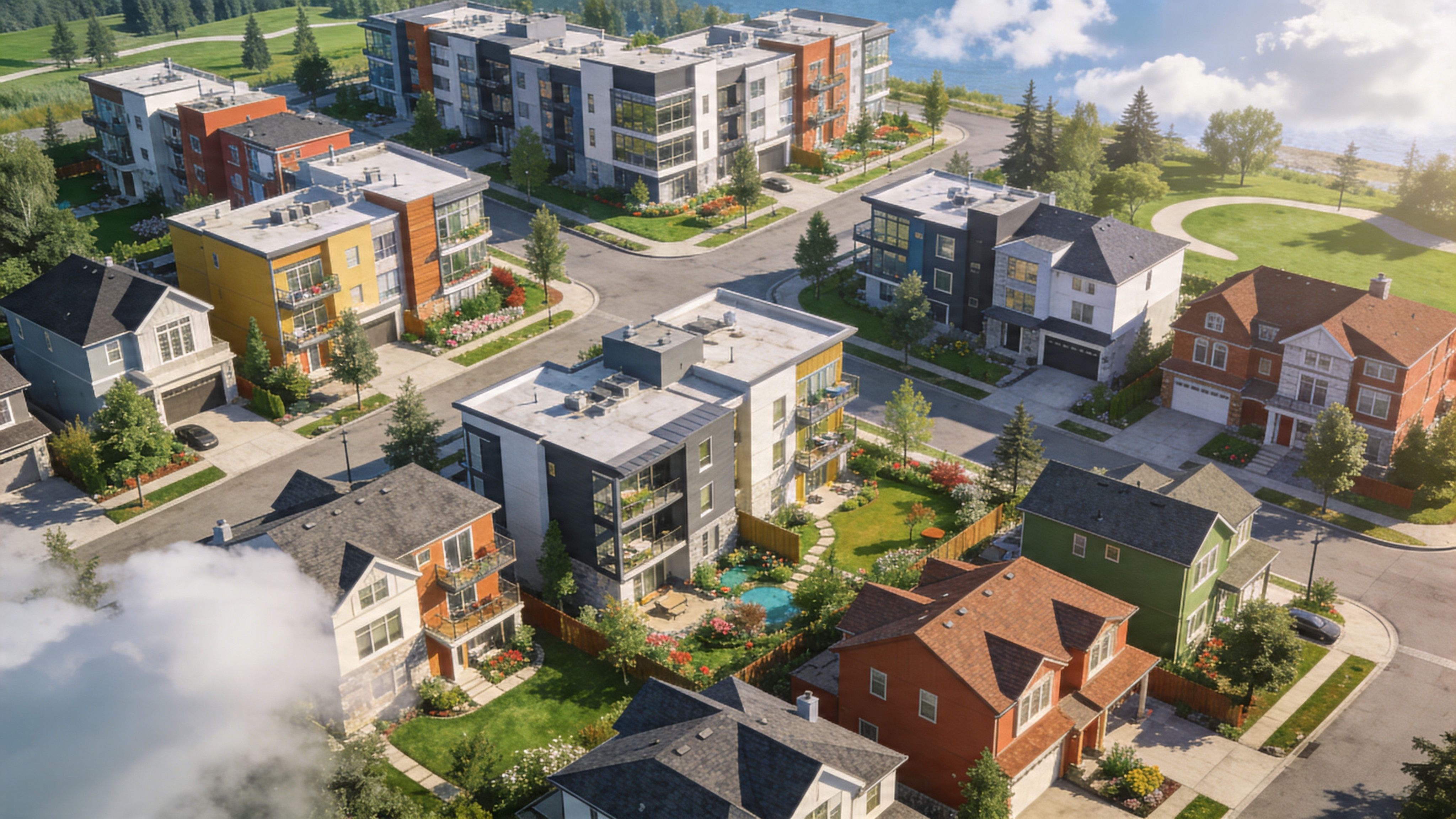 An aerial view of a modern residential neighborhood featuring single family homes and apartment condos.
