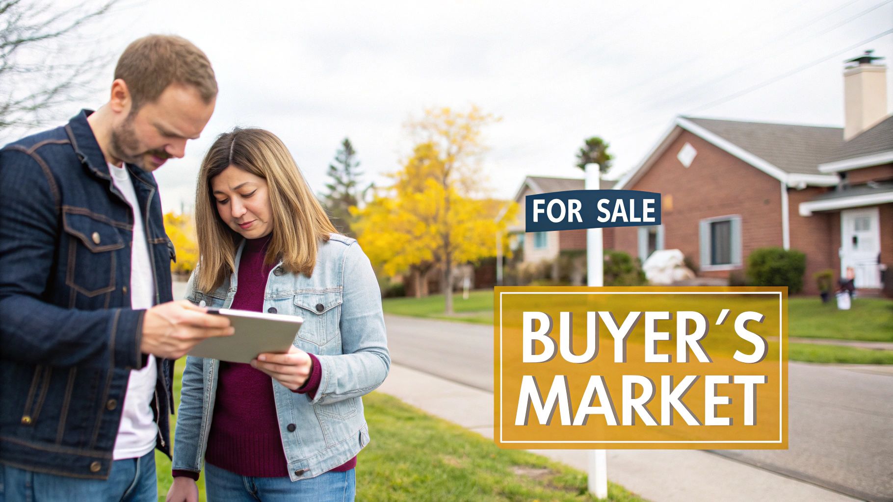 A couple looks at a tablet near a 'For Sale' and 'Buyer's Market' sign, suggesting they are house hunting.