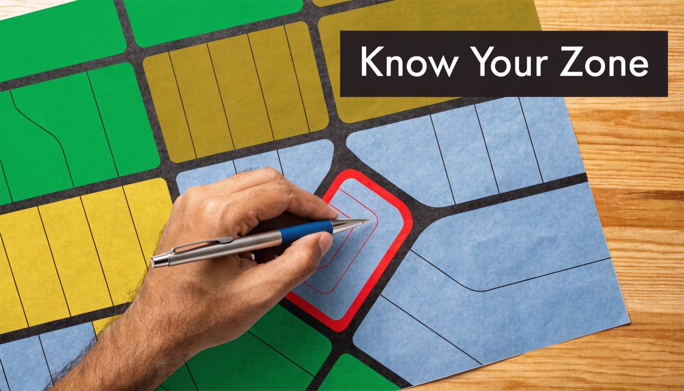 A person using a pen to point at a specific plot on a color-coded zoning map.