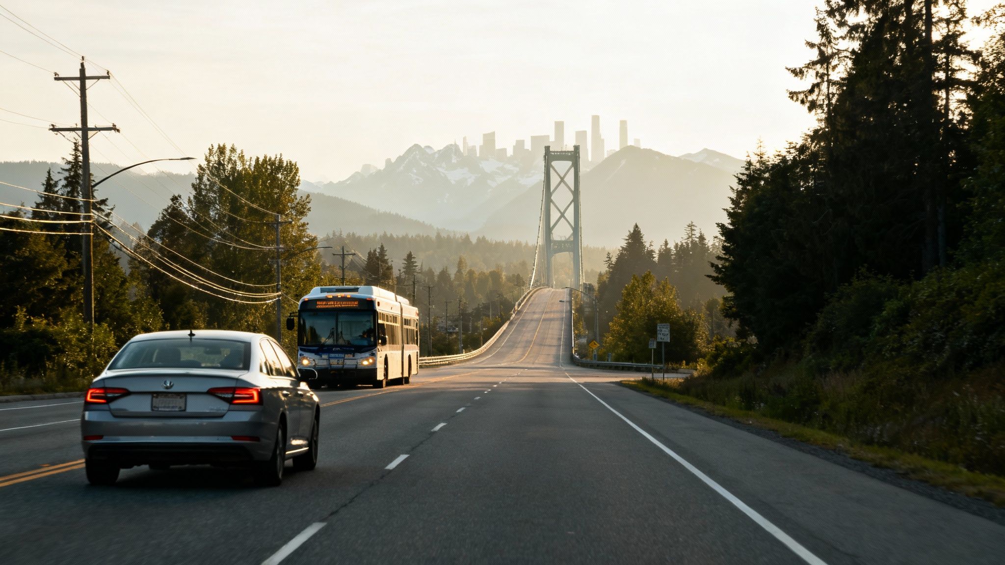 Scenic highway winding towards a suspension bridge, distant city skyline, and mountains at golden hour.
