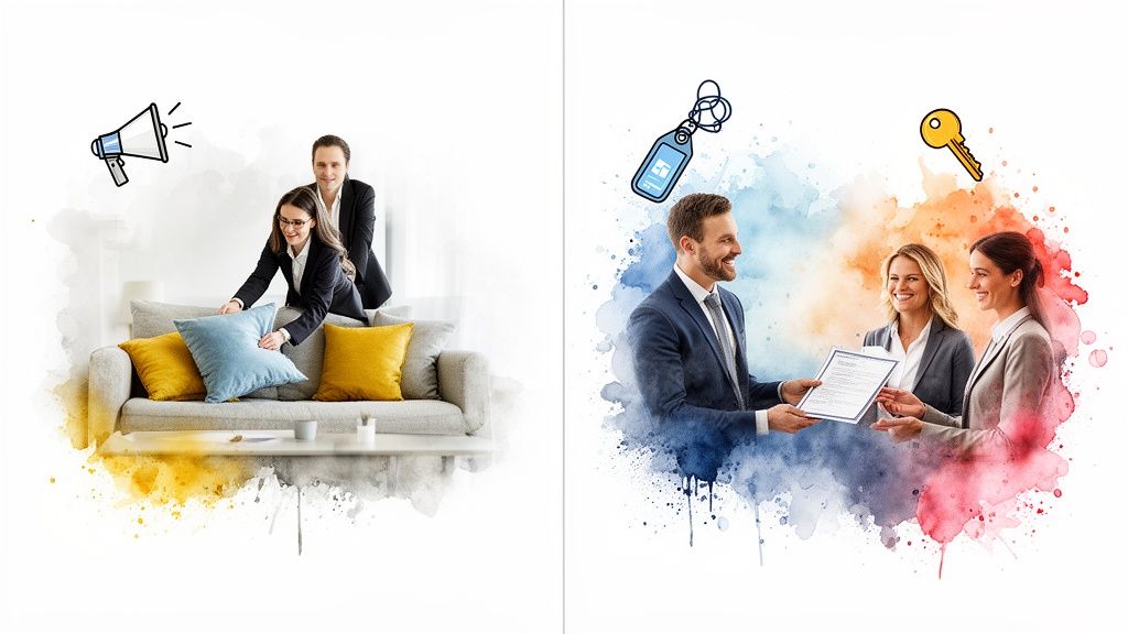 Real estate agents assisting clients with home staging, contract signing, and key handover, representing property services.