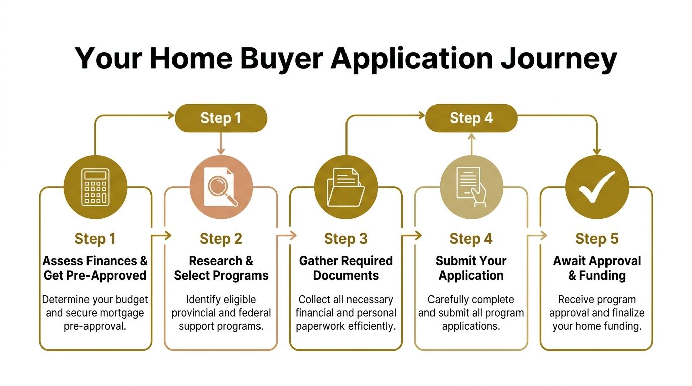 A five-step infographic showing the home buyer application process, including financial assessment, research, and application submission.