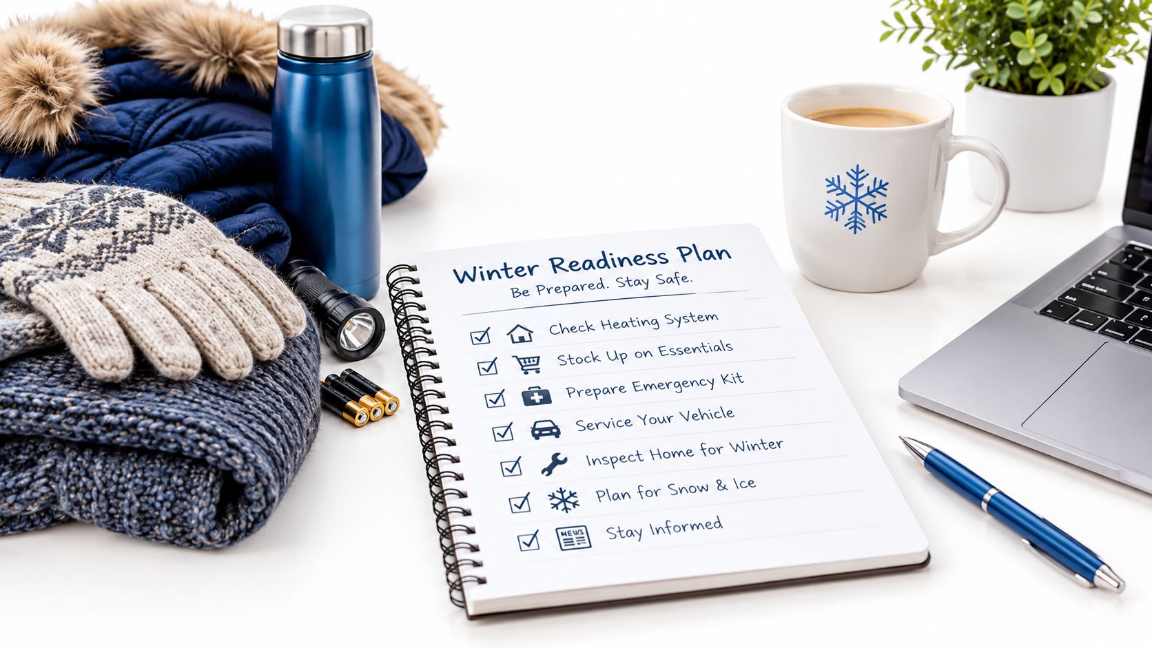A checklist titled Winter Readiness Plan sits on a white desk alongside winter gear and laptop.