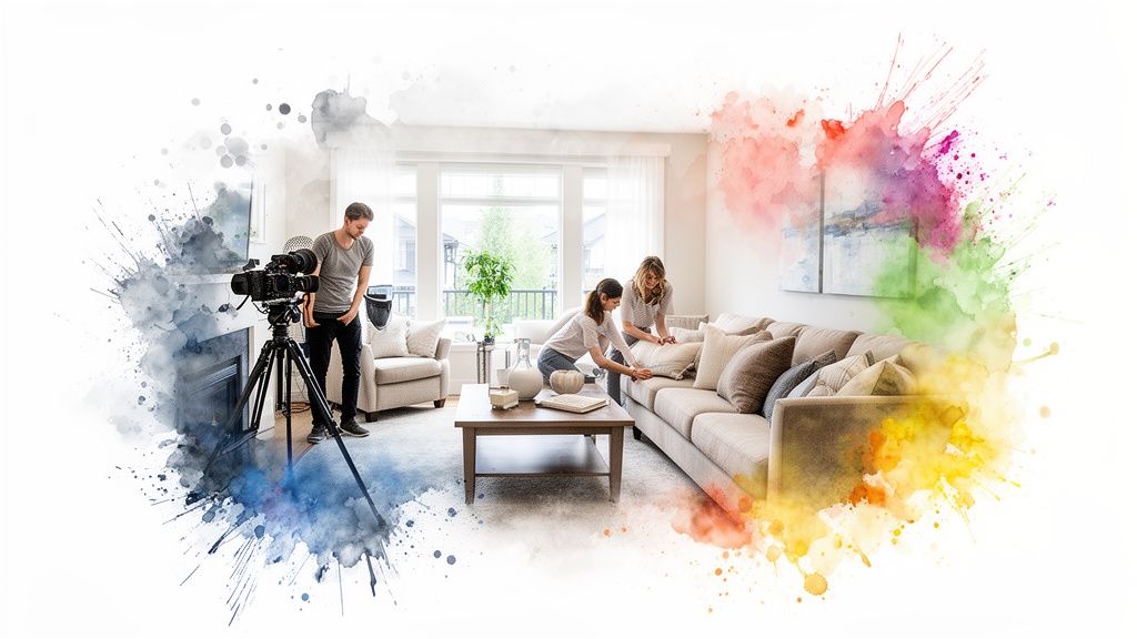 A man filming with a camera and two women staging a living room, combining real estate photography and home staging.