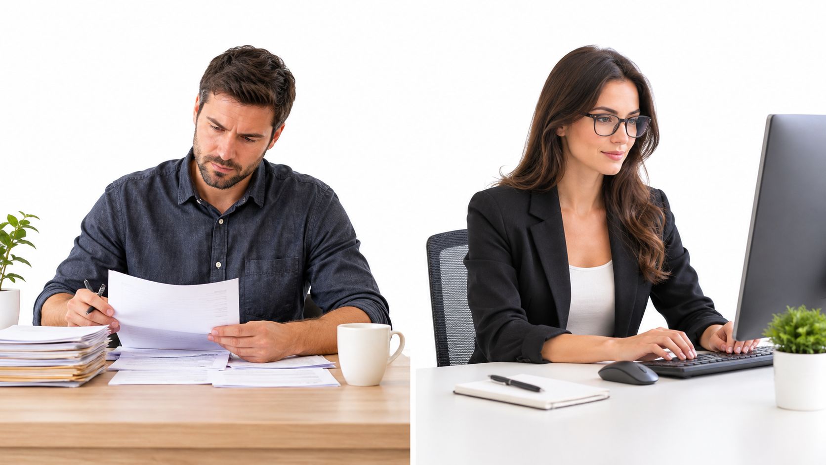 A professional man reviewing documents and a businesswoman working on a computer at their office desks.