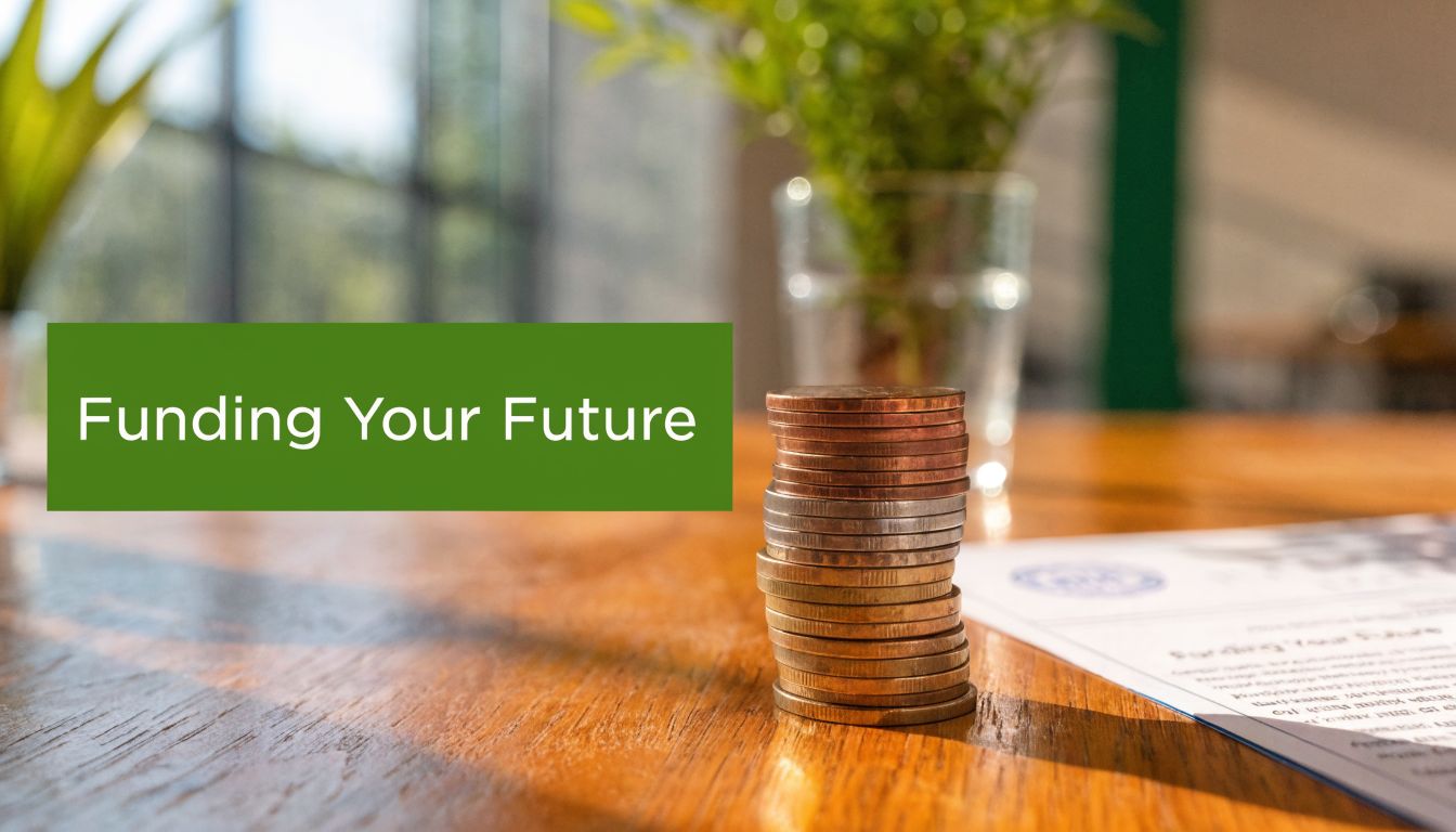 A stack of various coins rests on a wooden table beside financial documents labeled Funding Your Future.