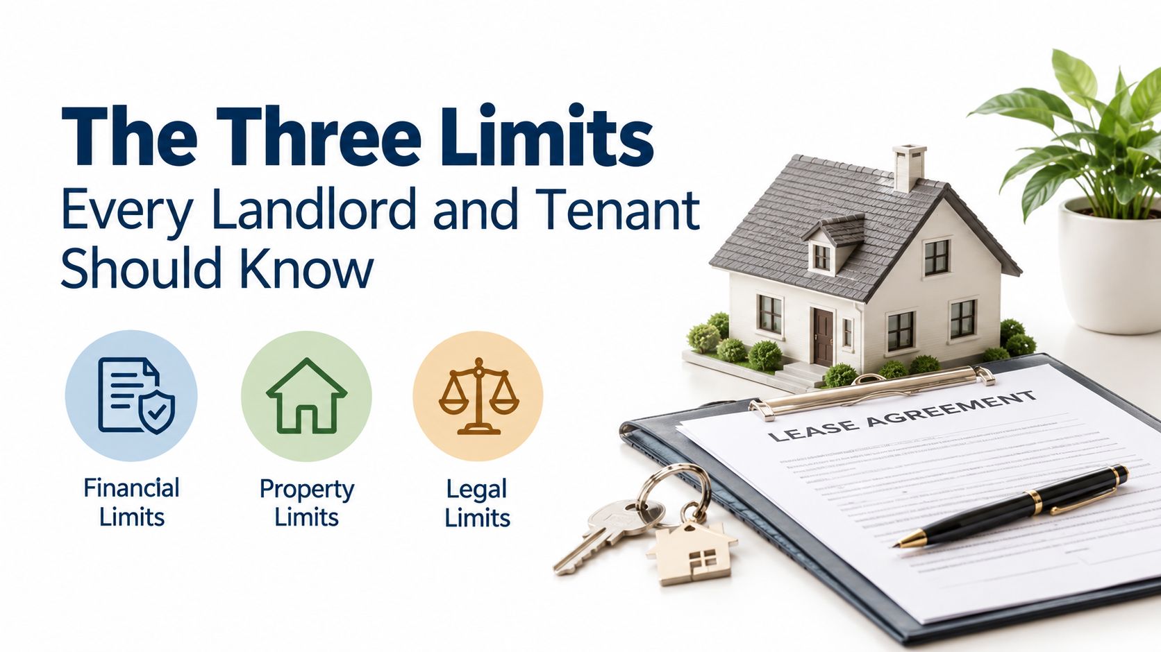 A miniature house, lease agreement, and keys displayed next to labels regarding financial, property, and legal limits.