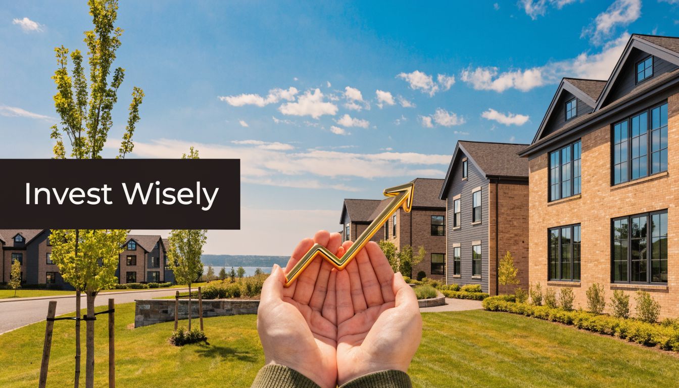 A person holding a golden arrow graph symbol in front of modern homes in Maple Ridge BC.