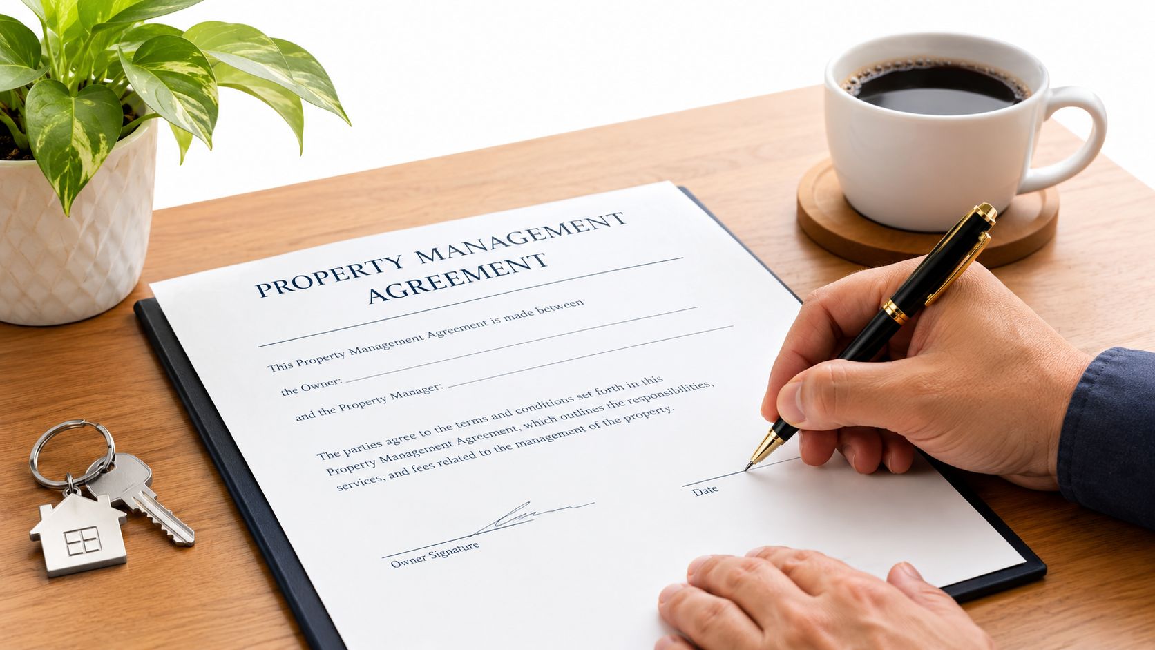 A close-up view of a person signing a formal property management agreement on a wooden desk.