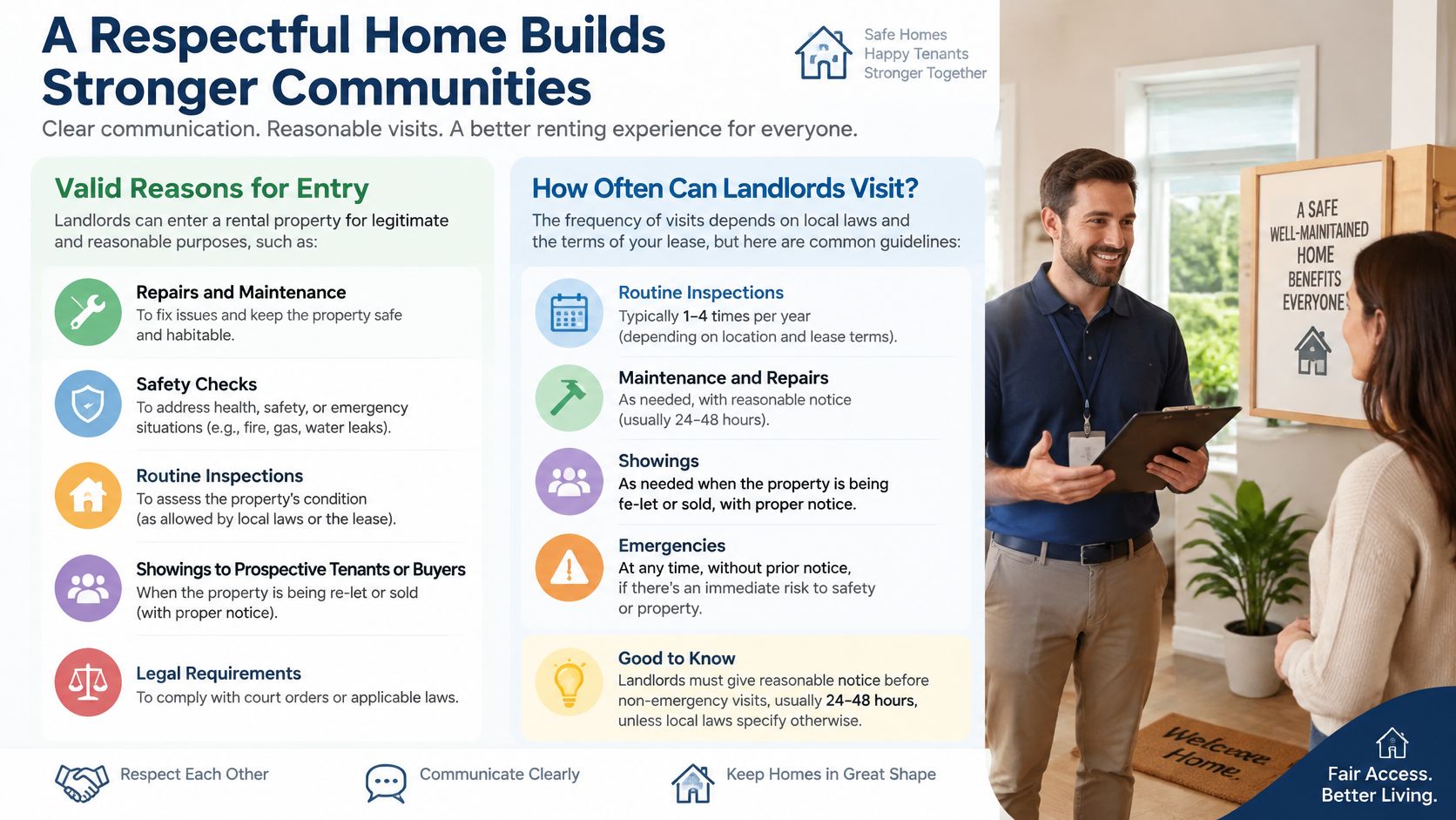 An infographic detailing landlord rights for home entry and visit frequency in a respectful rental relationship.