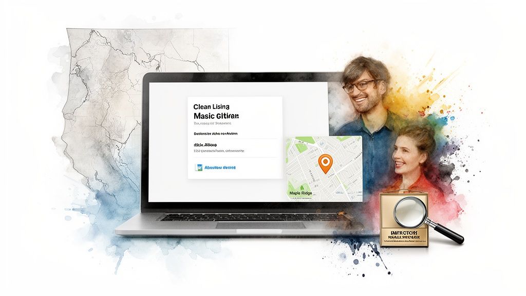 A laptop displays real estate listings and a map of Maple Ridge, with smiling people and a magnifying glass.