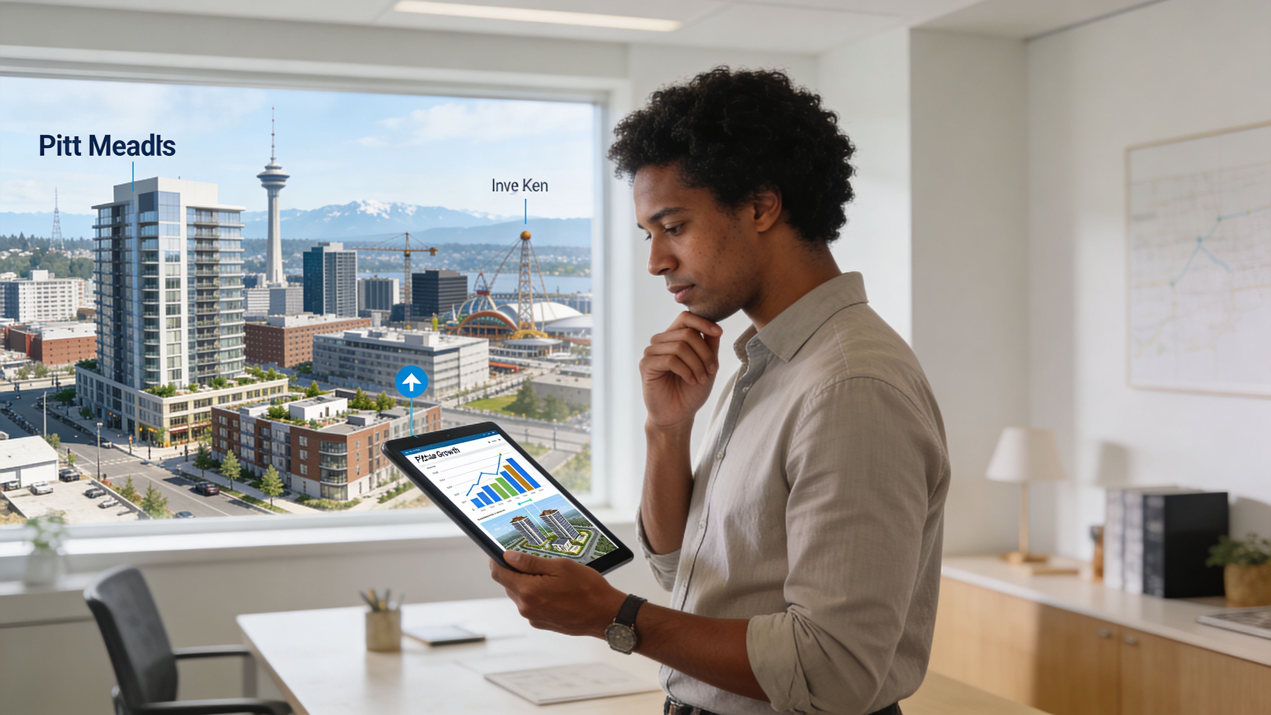 A professional man holding a tablet displaying property growth data while looking out at a city skyline.
