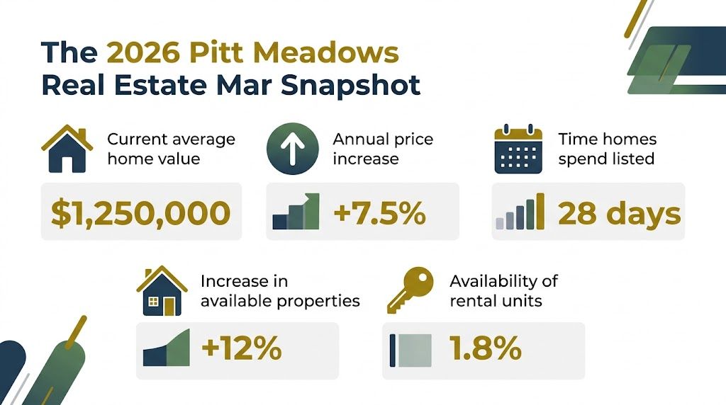 An infographic showing real estate statistics for Pitt Meadows in 2026, including home values and rental availability.