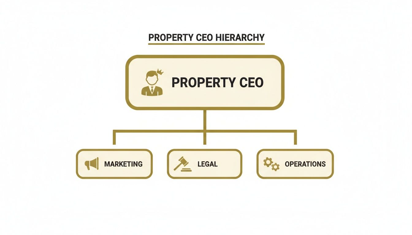 An organizational chart showing the property manager at the top, overseeing Marketing, Legal, and Operations departments.
