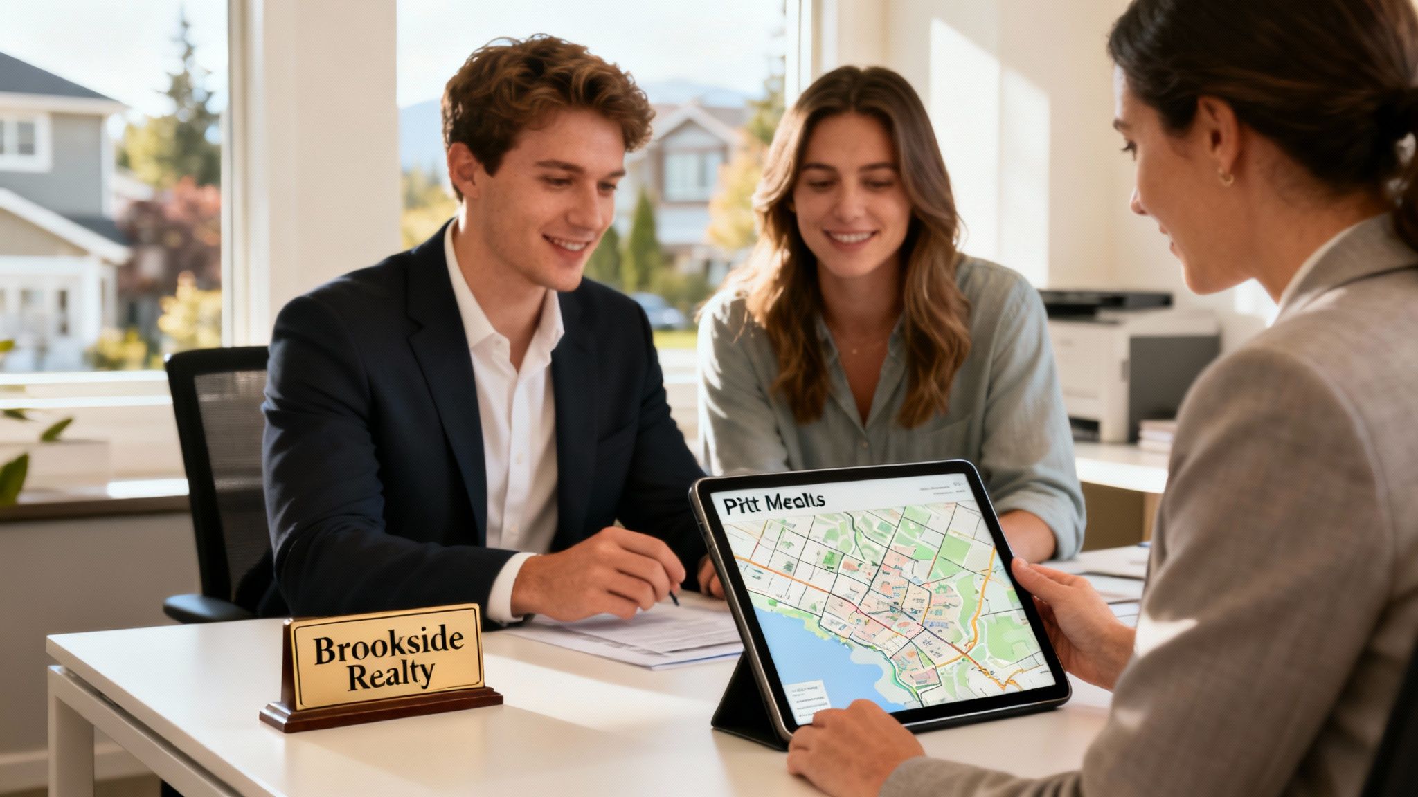 A real estate agent shows a map of Pitt Meadows on a tablet to a young couple.