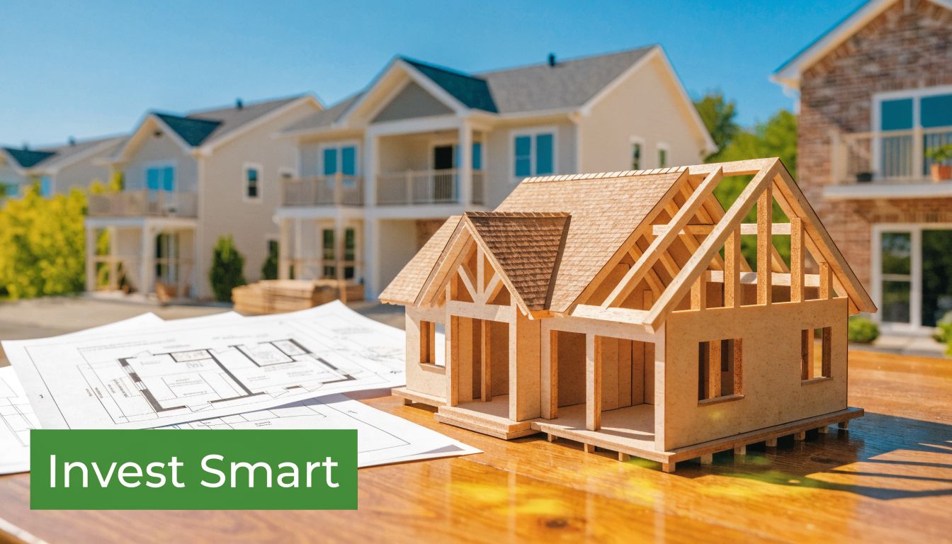 A wooden architectural model of a house sitting on blueprints with residential homes in the background.