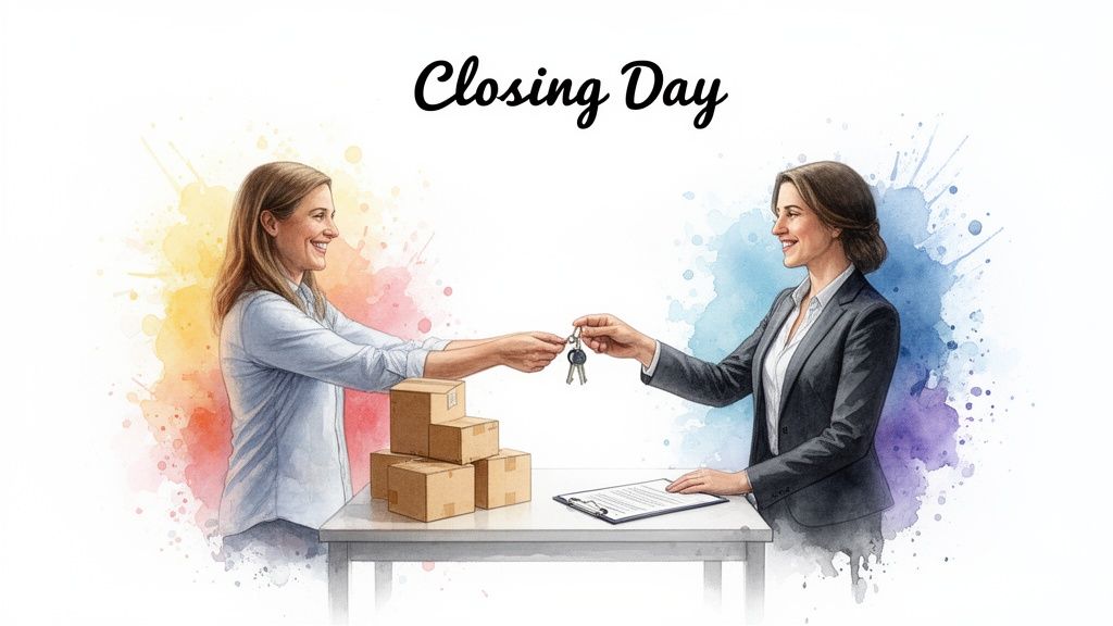 Smiling women exchange house keys and documents on closing day, with moving boxes.