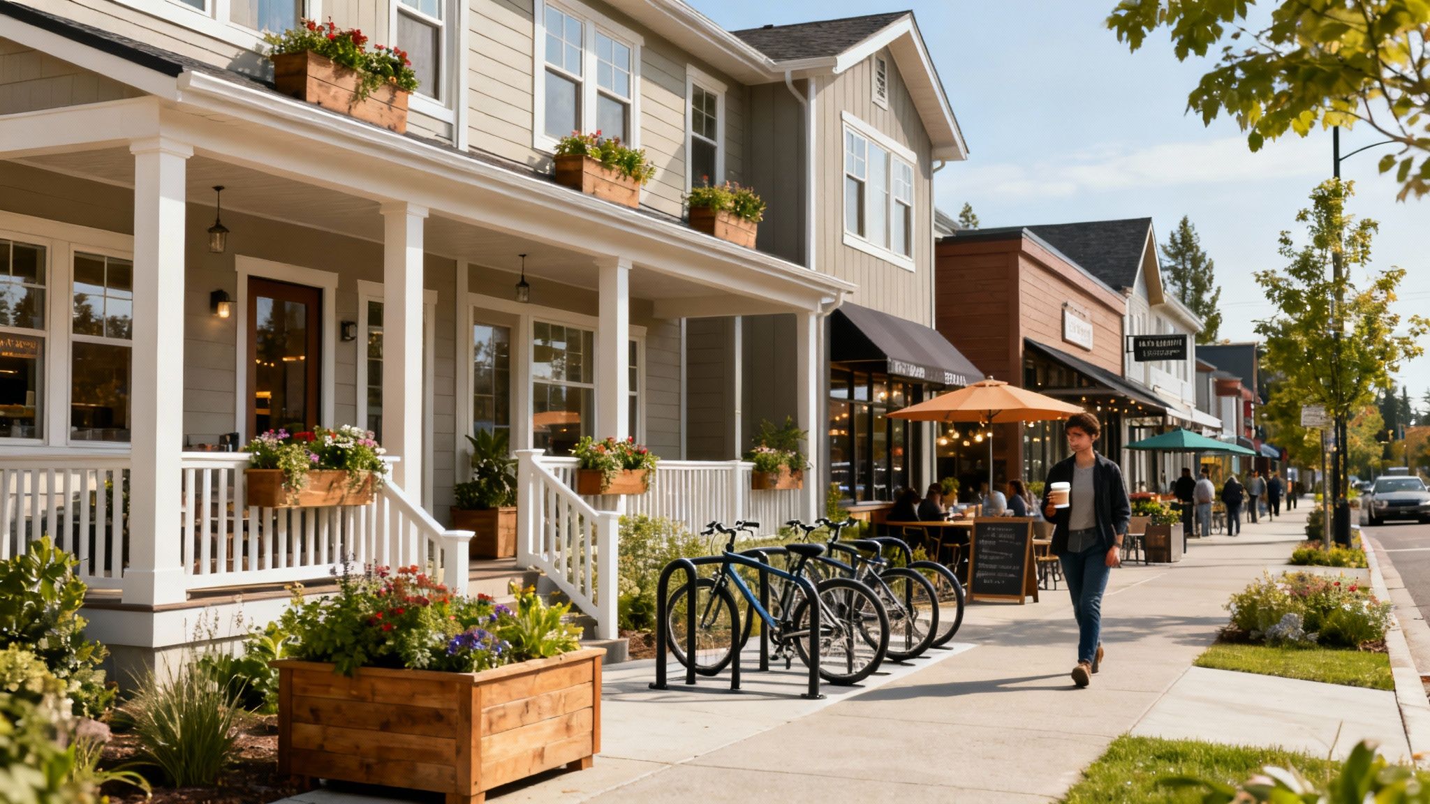 Lively street with multi-story townhomes, businesses, outdoor dining, and bikes parked on a sidewalk.
