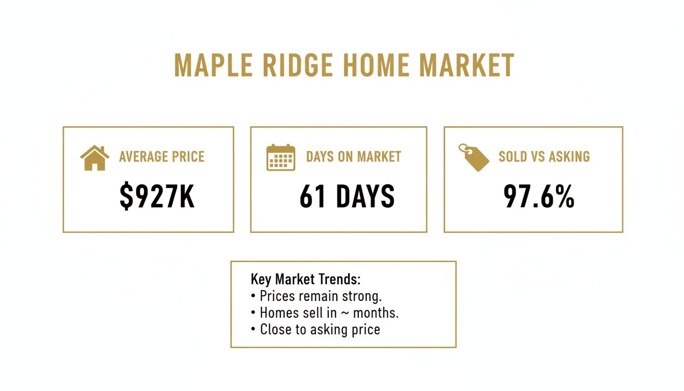Maple Ridge home market overview showing average price, days on market, sold vs asking, and key trends.
